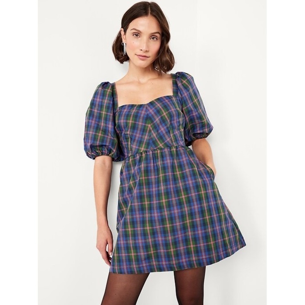 Old Navy Tartan Plaid Puff Sleeve Mini Dress Pockets Petite Preppy Academia MP